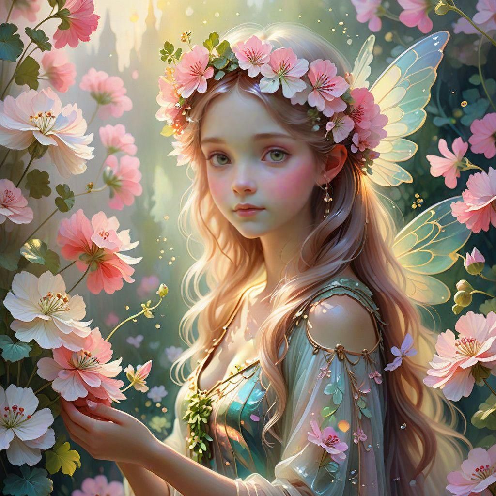 Mystical Fairy Amidst Vibrant Geranium Blooms