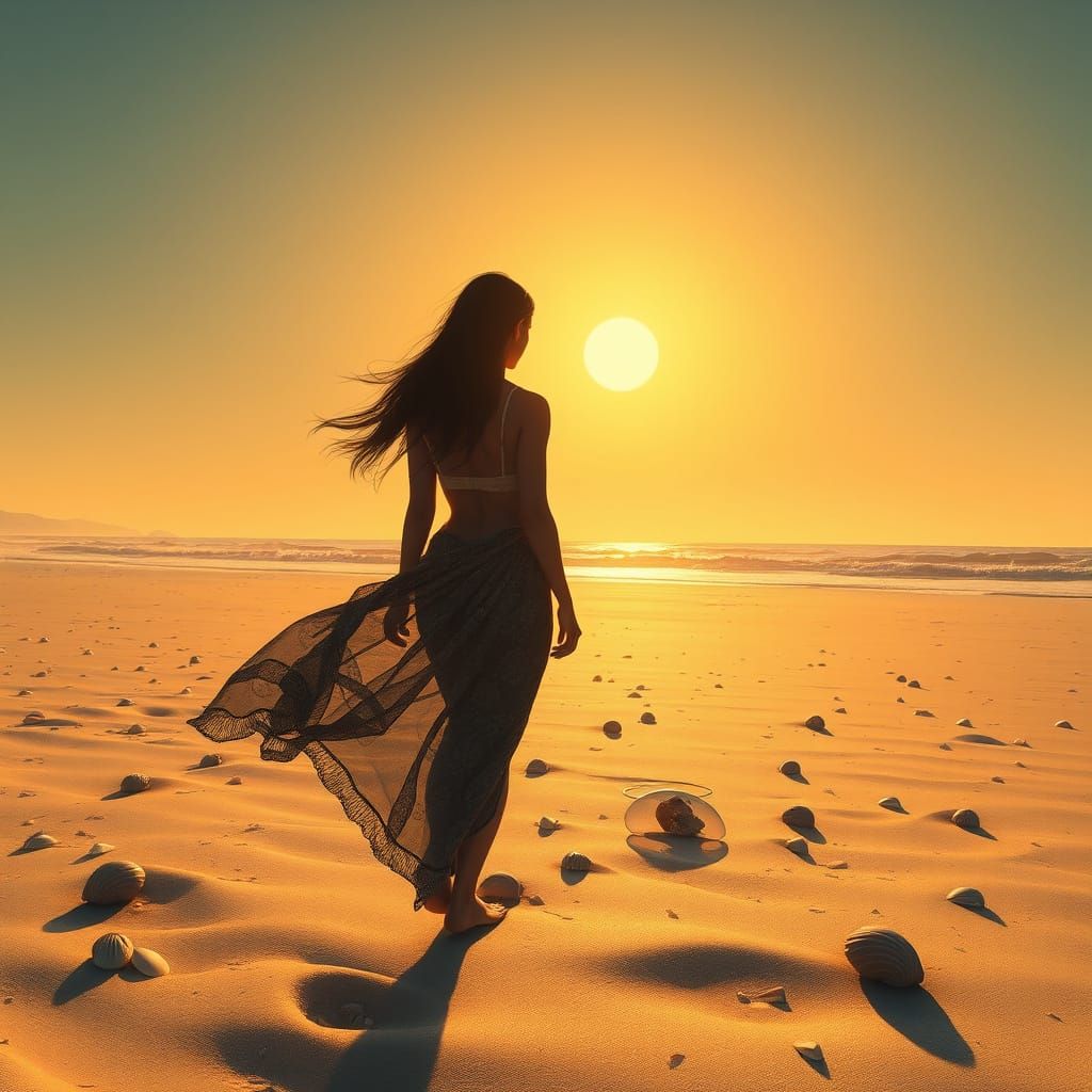 Woman on Serene Beach in Surreal Digital Art Style