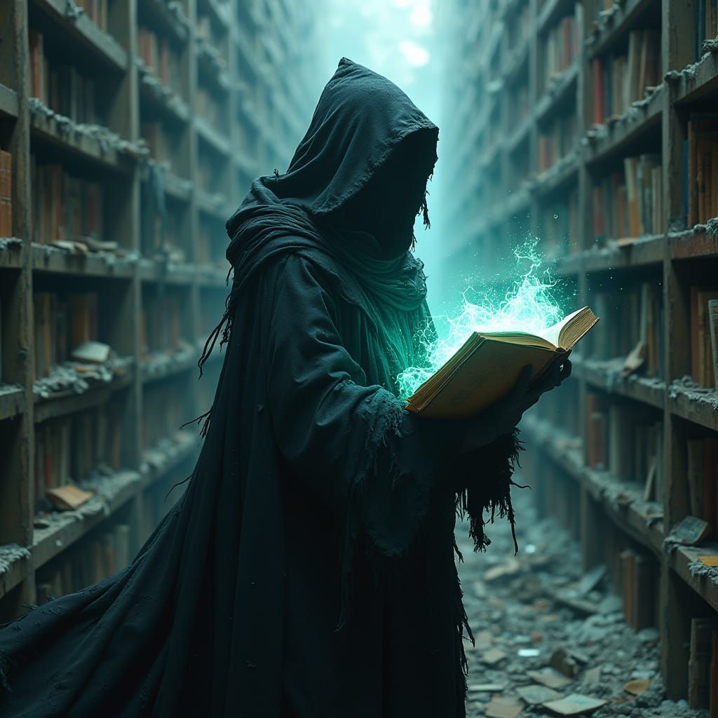 Mysterious Figure in Digital Ruins with Glowing Geometric Bo...