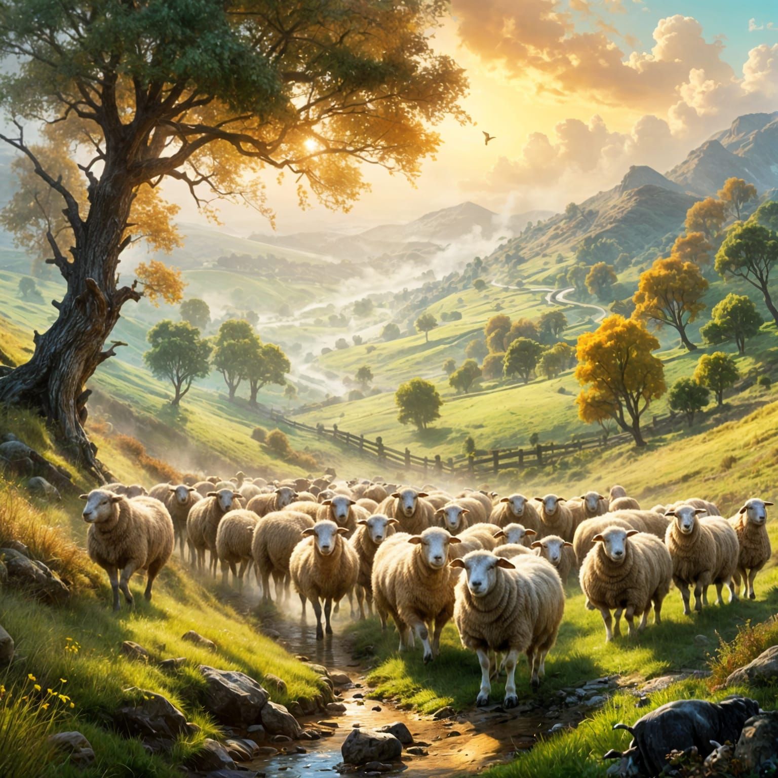 Shepherd Guides Sheep Through Misty Valley