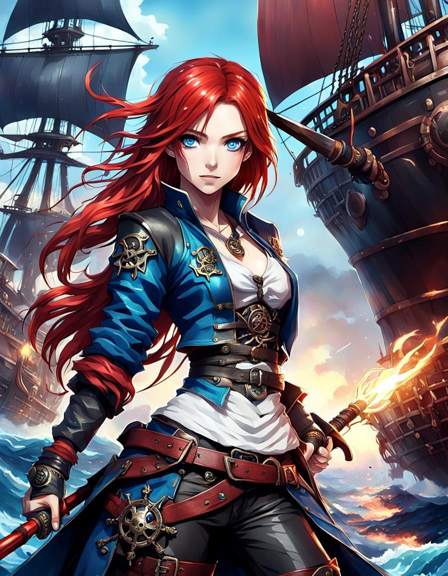 Futuristic Redhead Pirate with Magical Sword, Anime Style