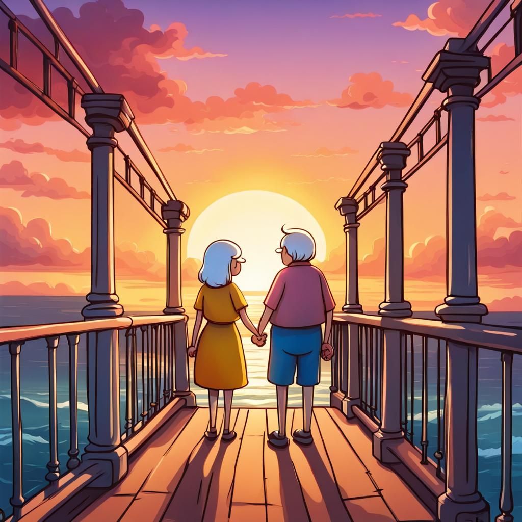 Romantic Cartoon Sunset: Elderly Couple Holding Hands
