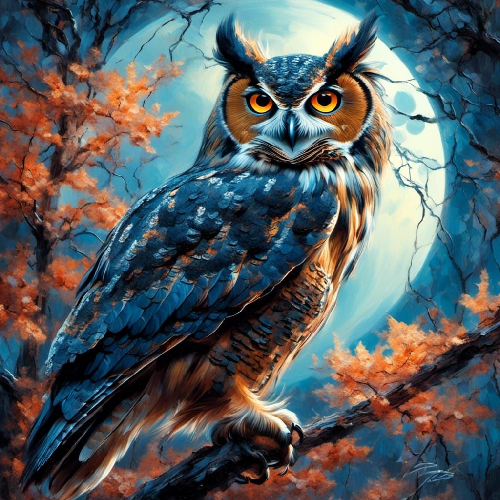 Moonlit Horned Owl in Pop Surreal Style