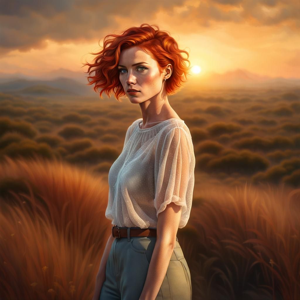 Freckled Redhead in Sunset, Hyperrealistic Portrait