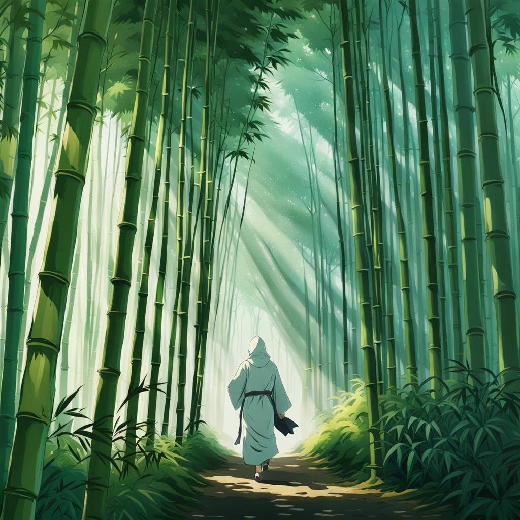 Hooded Figure in Bamboo Forest: Studio Ghibli Anime