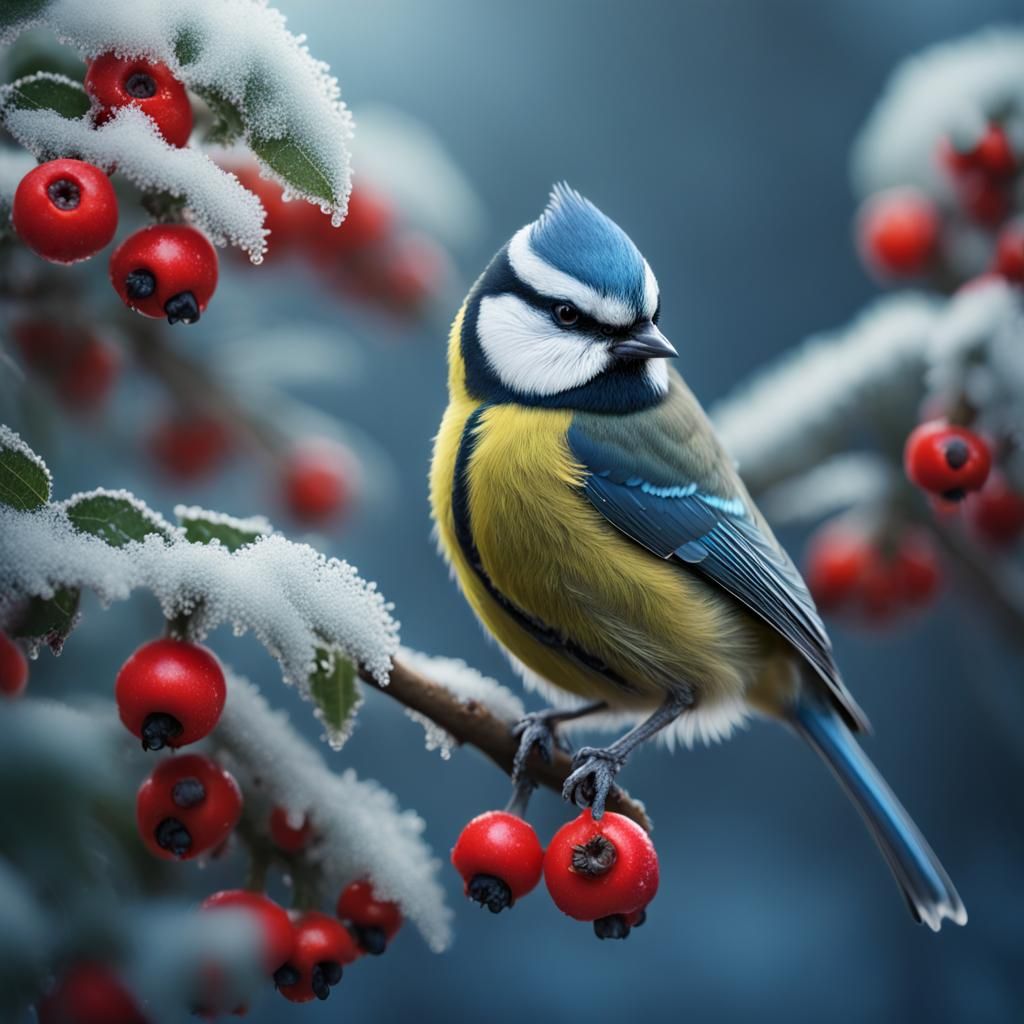 Blue Tit on Frosted Holly: Hyperrealistic Close-Up