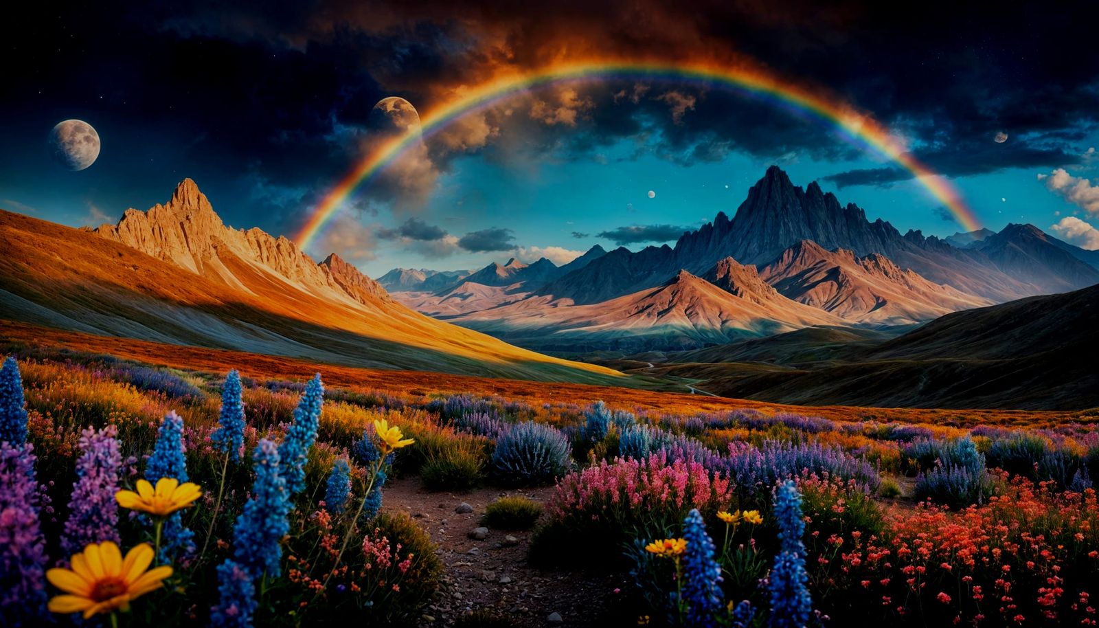 Hyper-Realistic Alien Landscape with Rainbow Sky