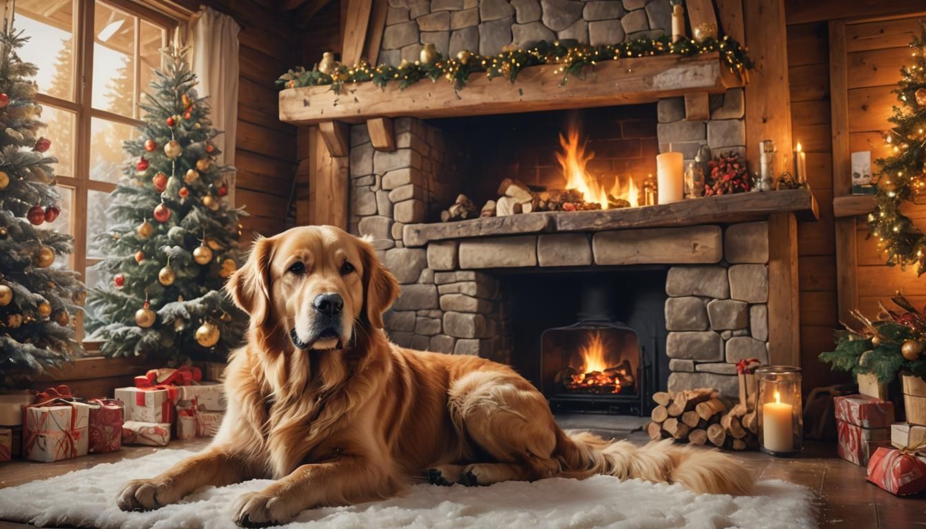 Cozy Christmas Cabin with Golden Retriever