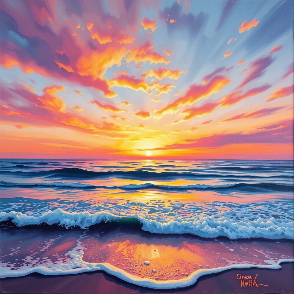 Vibrant Sunset Over Ocean as Impressionist Painting