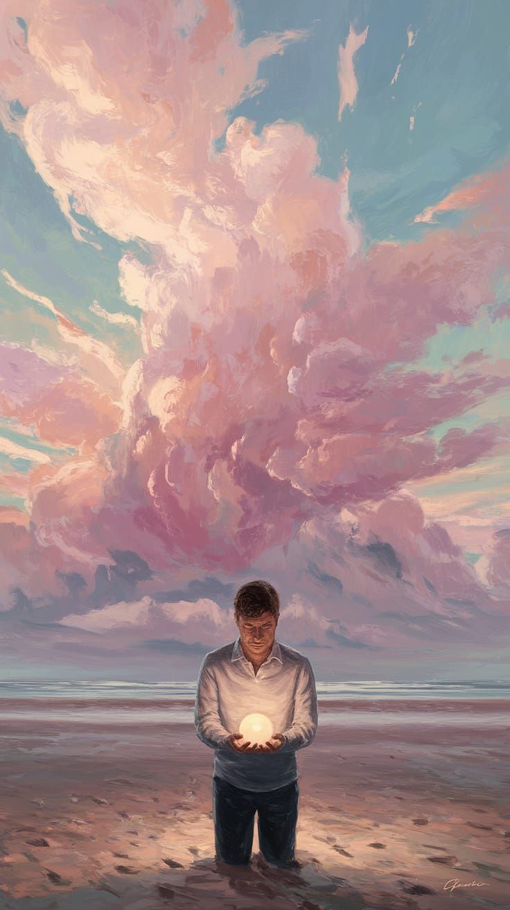 Melancholy Man on Beach with Pastel Clouds
