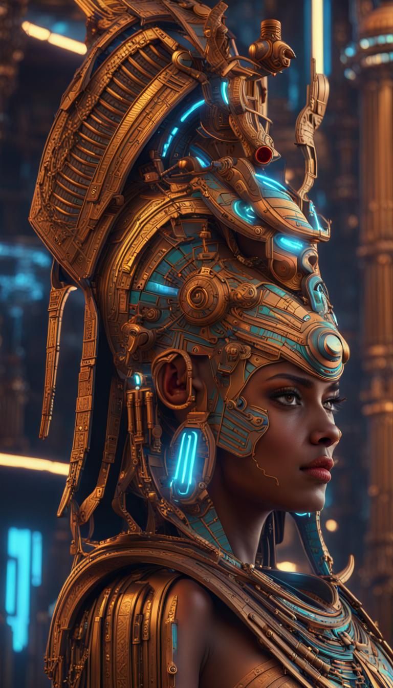 Futuristic Egyptian Goddess Hathor Android in Neon Style