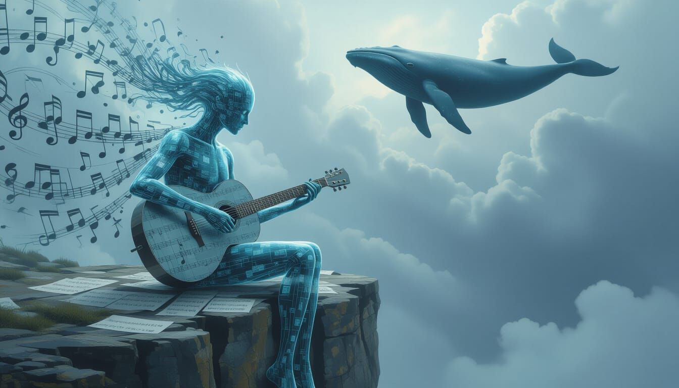 Spectral Musician Playing Guitar on Sheet Music Cliff