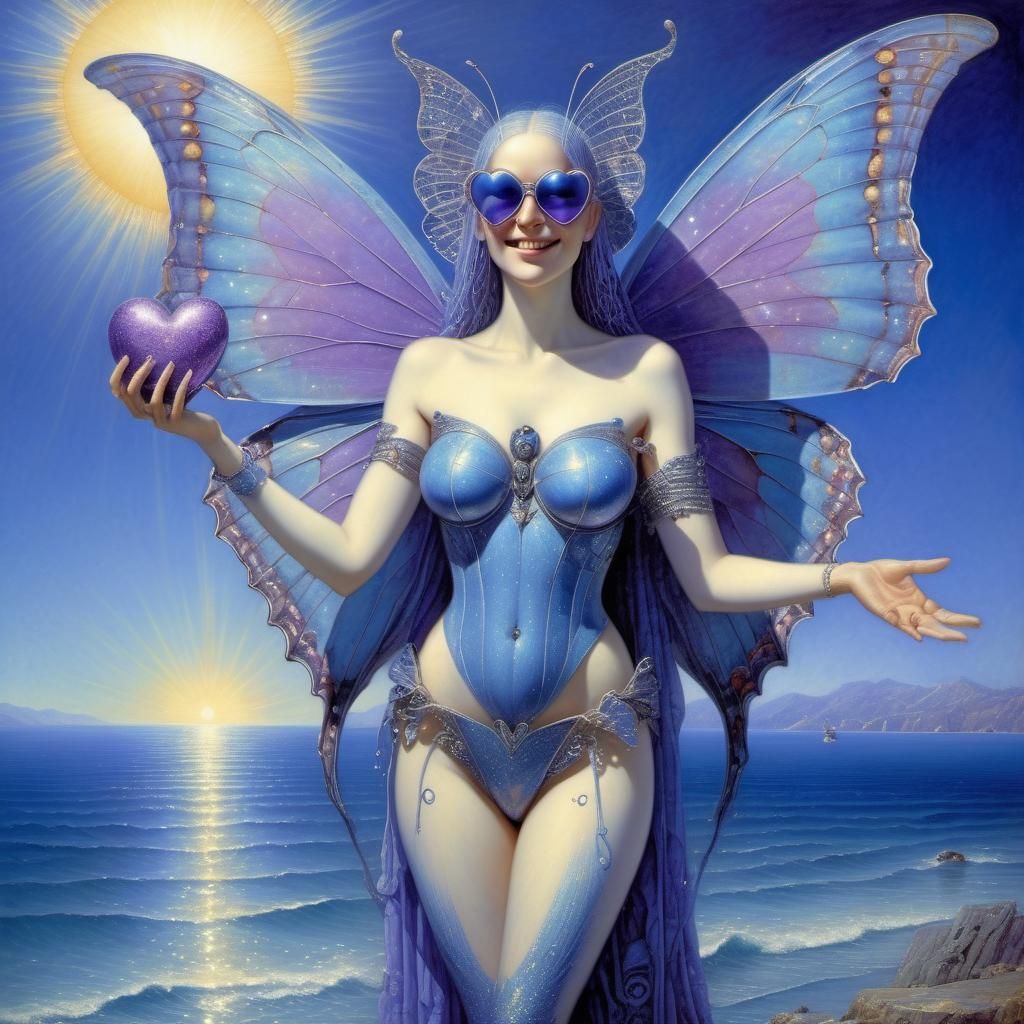 Butterfly Winged Aquarius Woman with Gift, Glittery Art