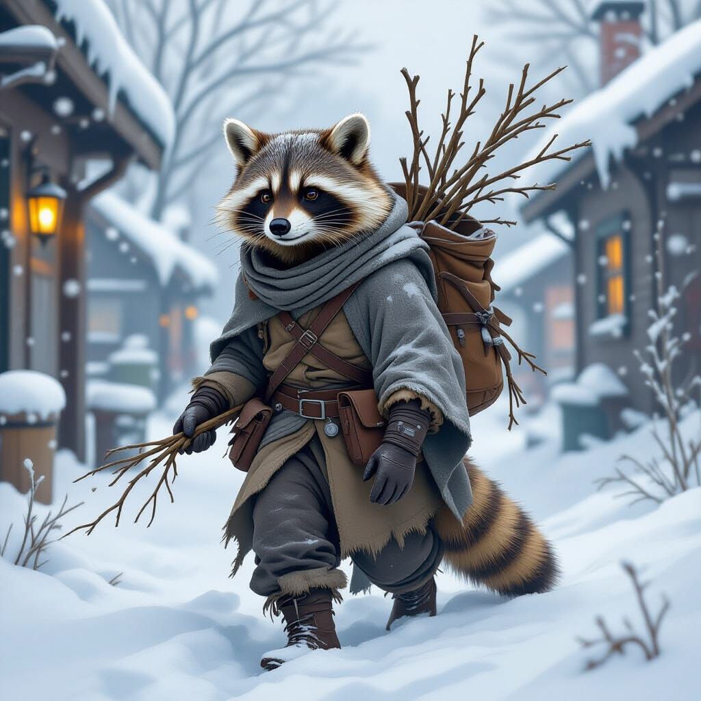 Anthropomorphic Raccoon Wanders Snowy Home in Blizzard