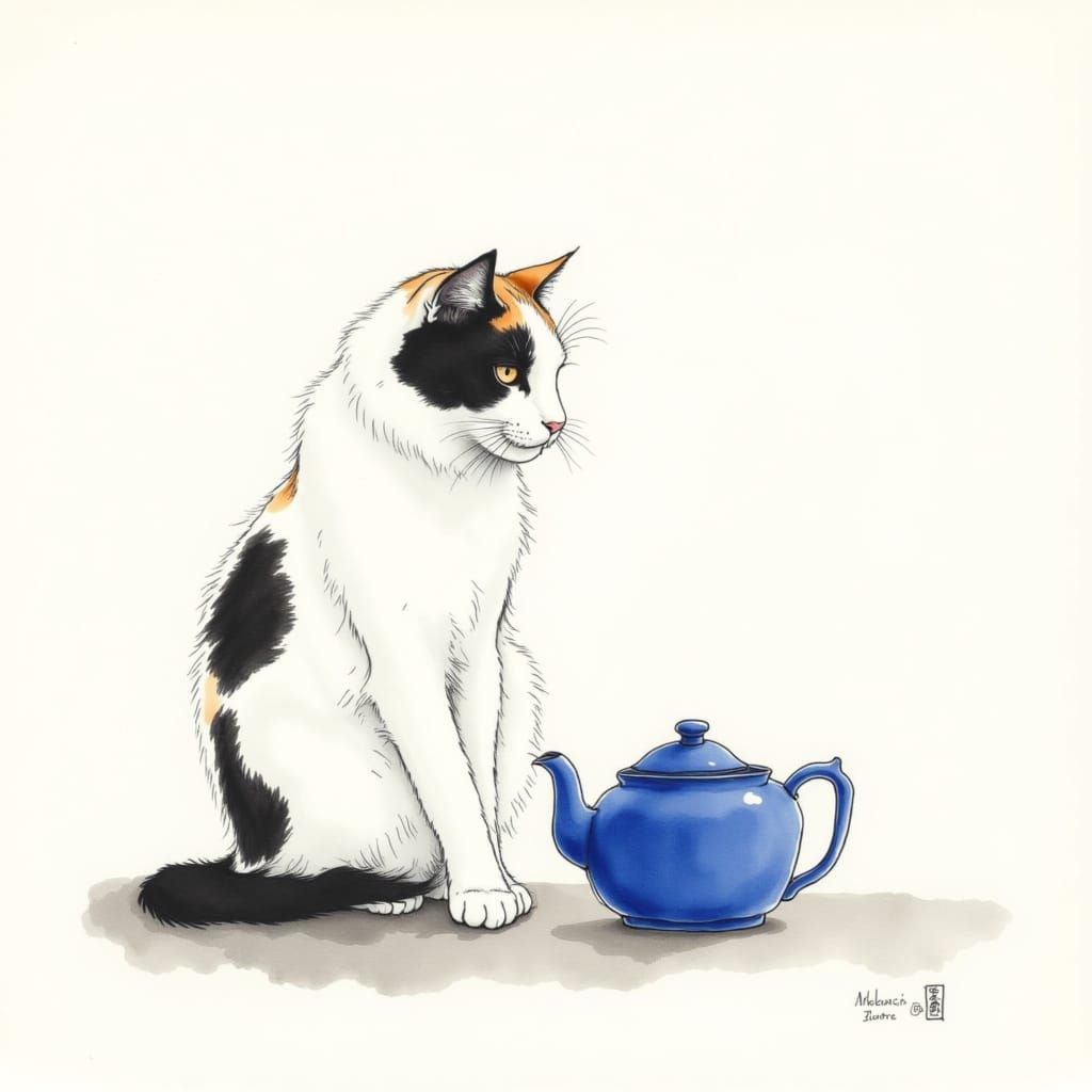 Elegant Calico Cat Gazes at Blue Willow Teapot