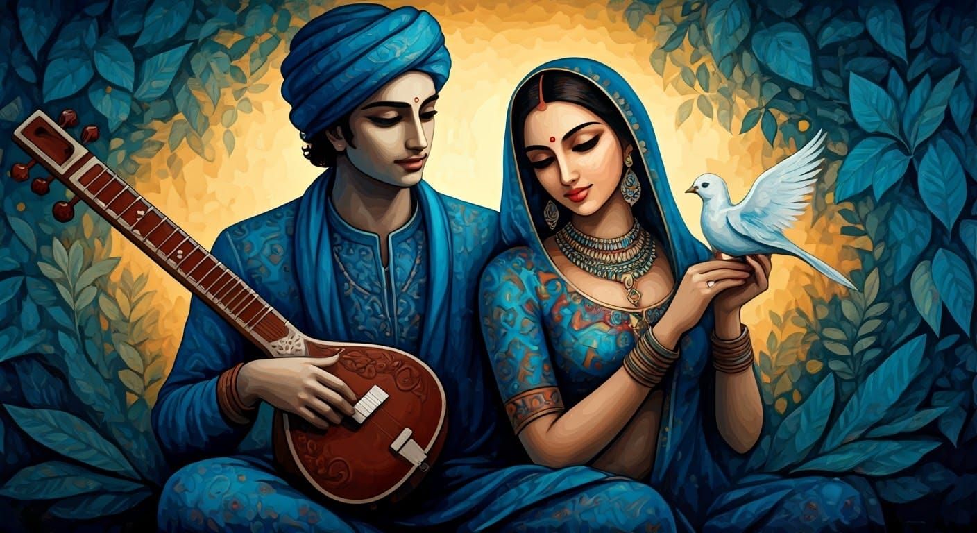 Couple in Dreamlike Blue Hues, with Sitar and Bird