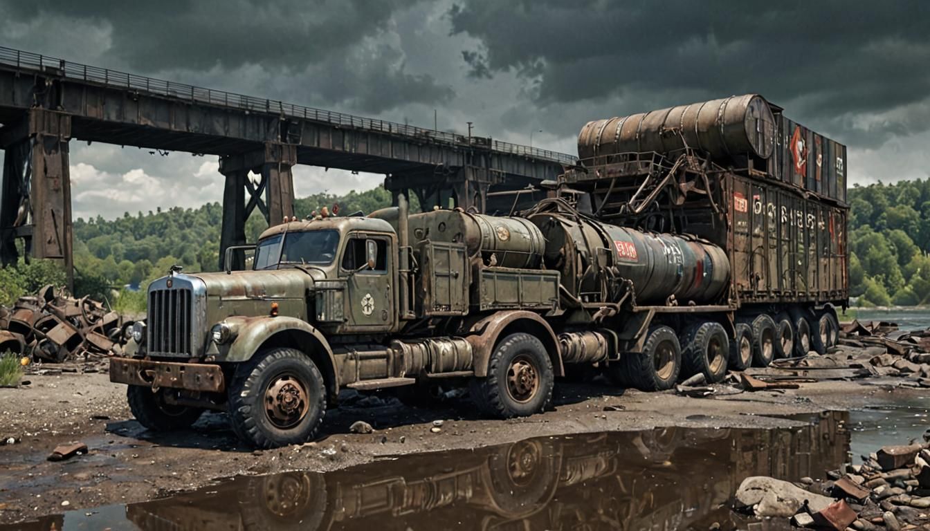 Dieselpunk Military Truck on Ruined Bridge