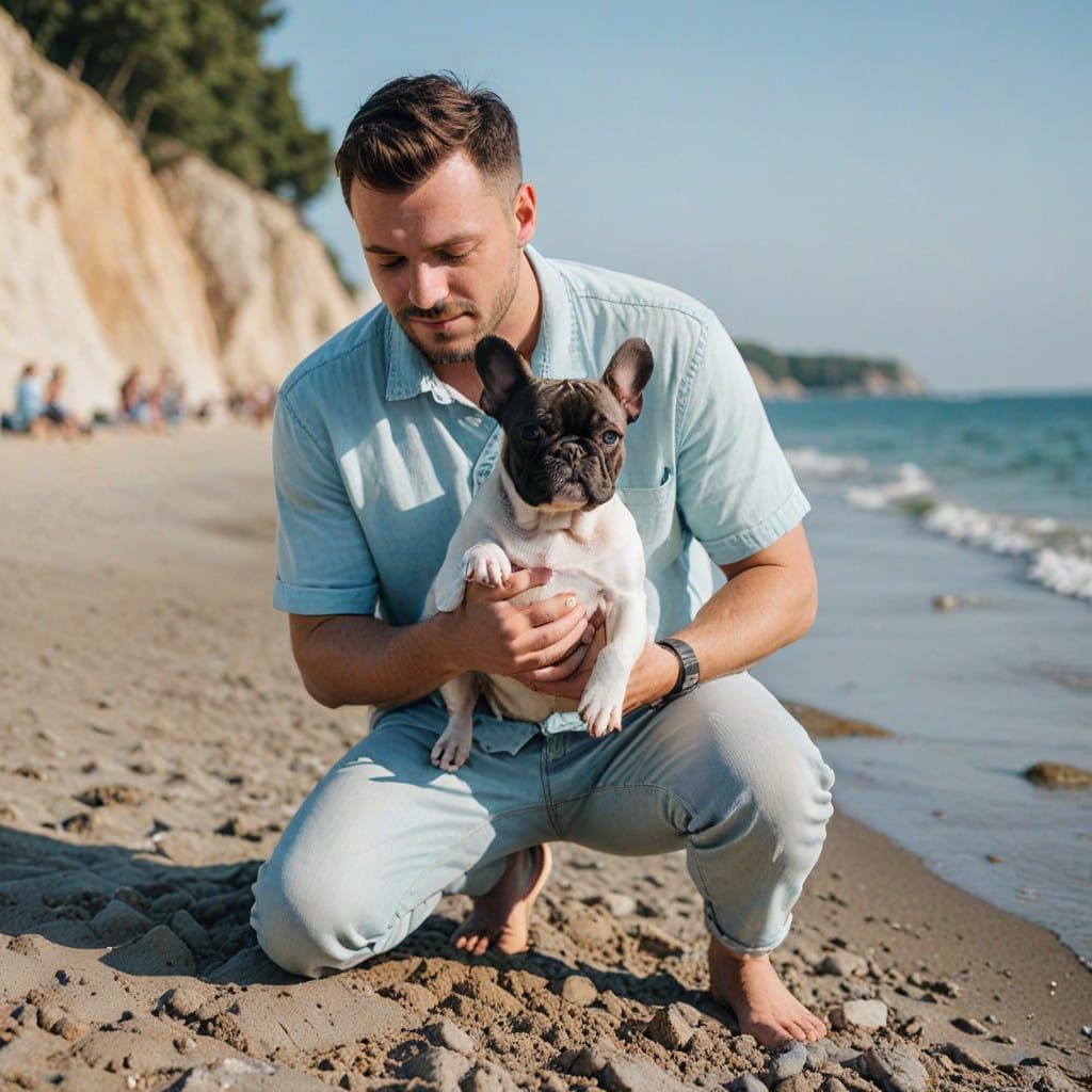 Slavic Gentleman Enjoys Summer Day with Playful French Bulld...