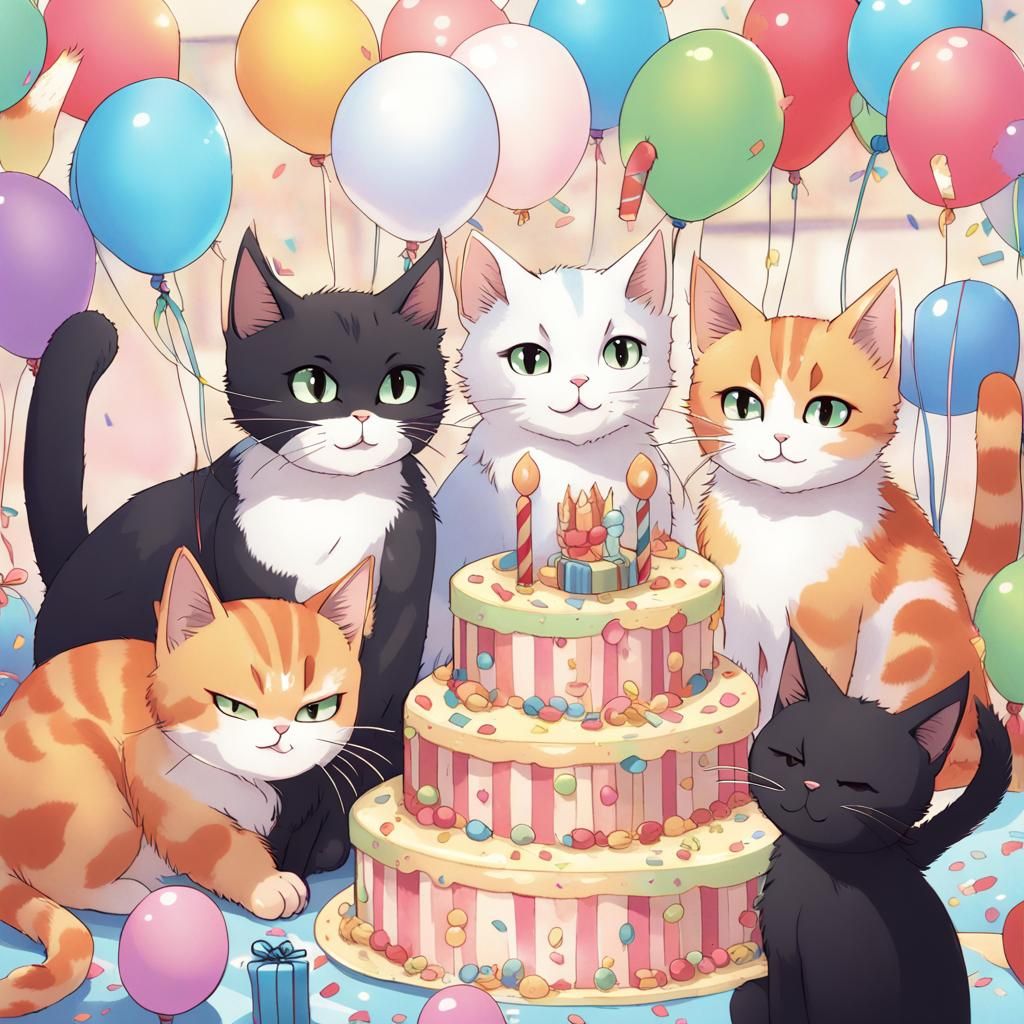 Cats' Birthday Party in Anime Art Style