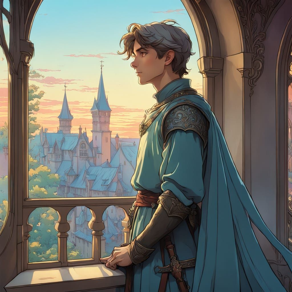 Beautiful Medieval Boy at Dawn in Pastel Colors