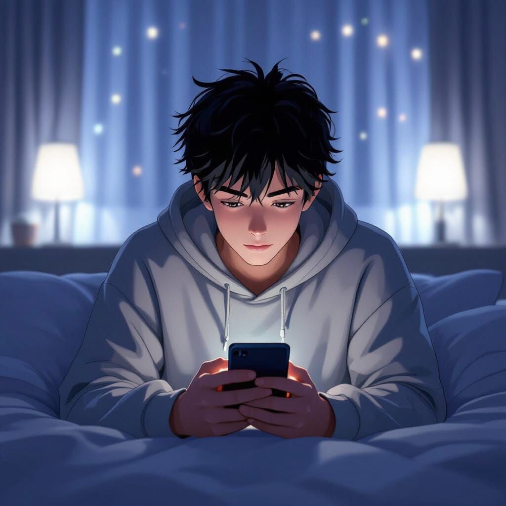 Anime Man with Phone on Bed in Yuasa Style