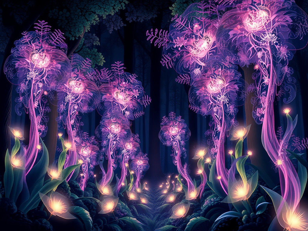 Luminous Translucent Plants in Abstract Forest