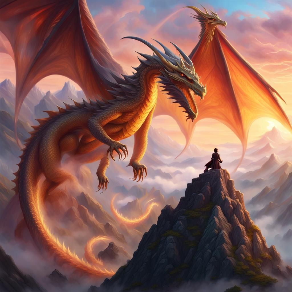 Dragon Perched on Misty Mountain: Fantasy Illustration