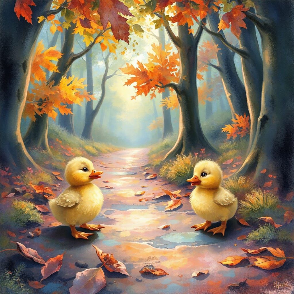 Surreal Chibi Ducklings in Autumn Forest, a Vibrant Watercol...