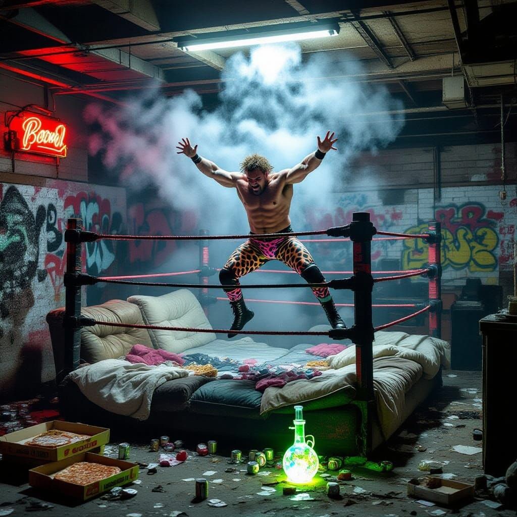 Dark Wrestling Scene in a Smoky Basement