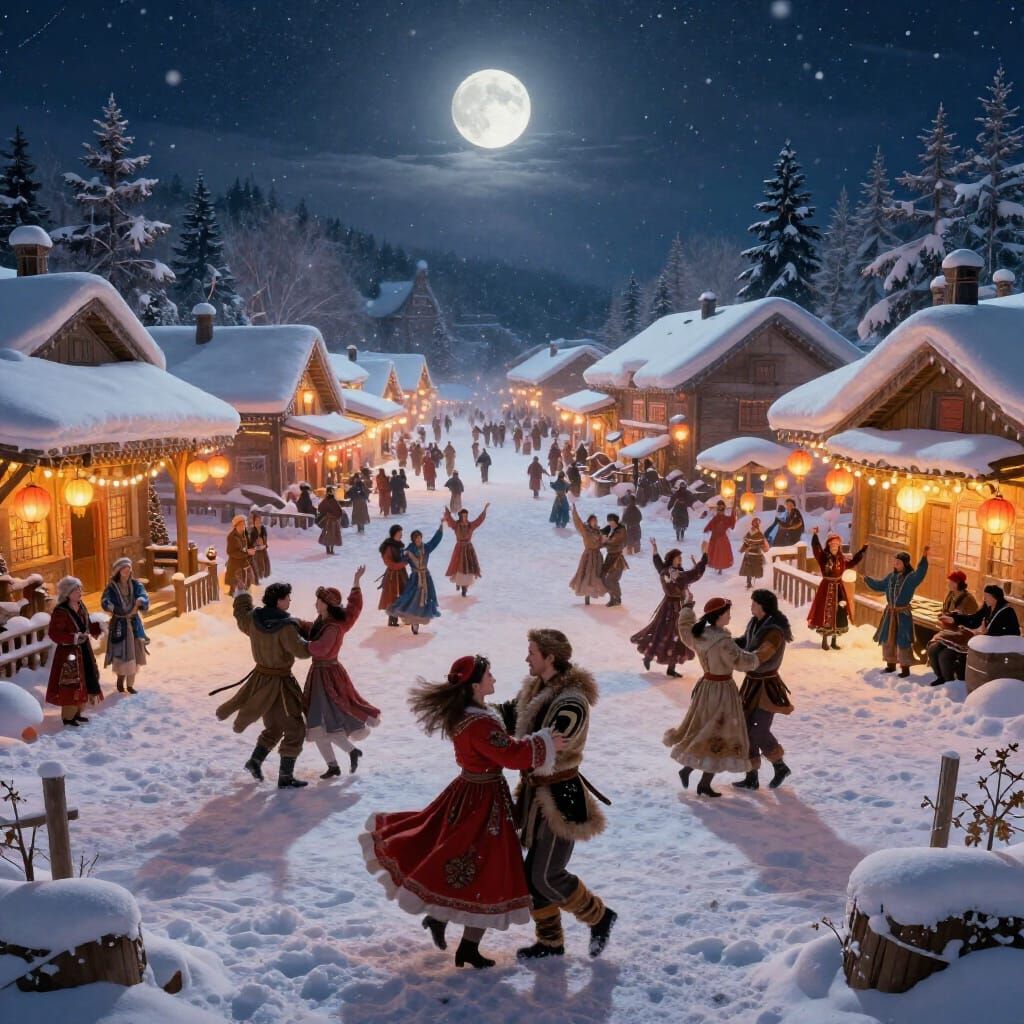 Joyful Russian Winter Festival Dance in Snow