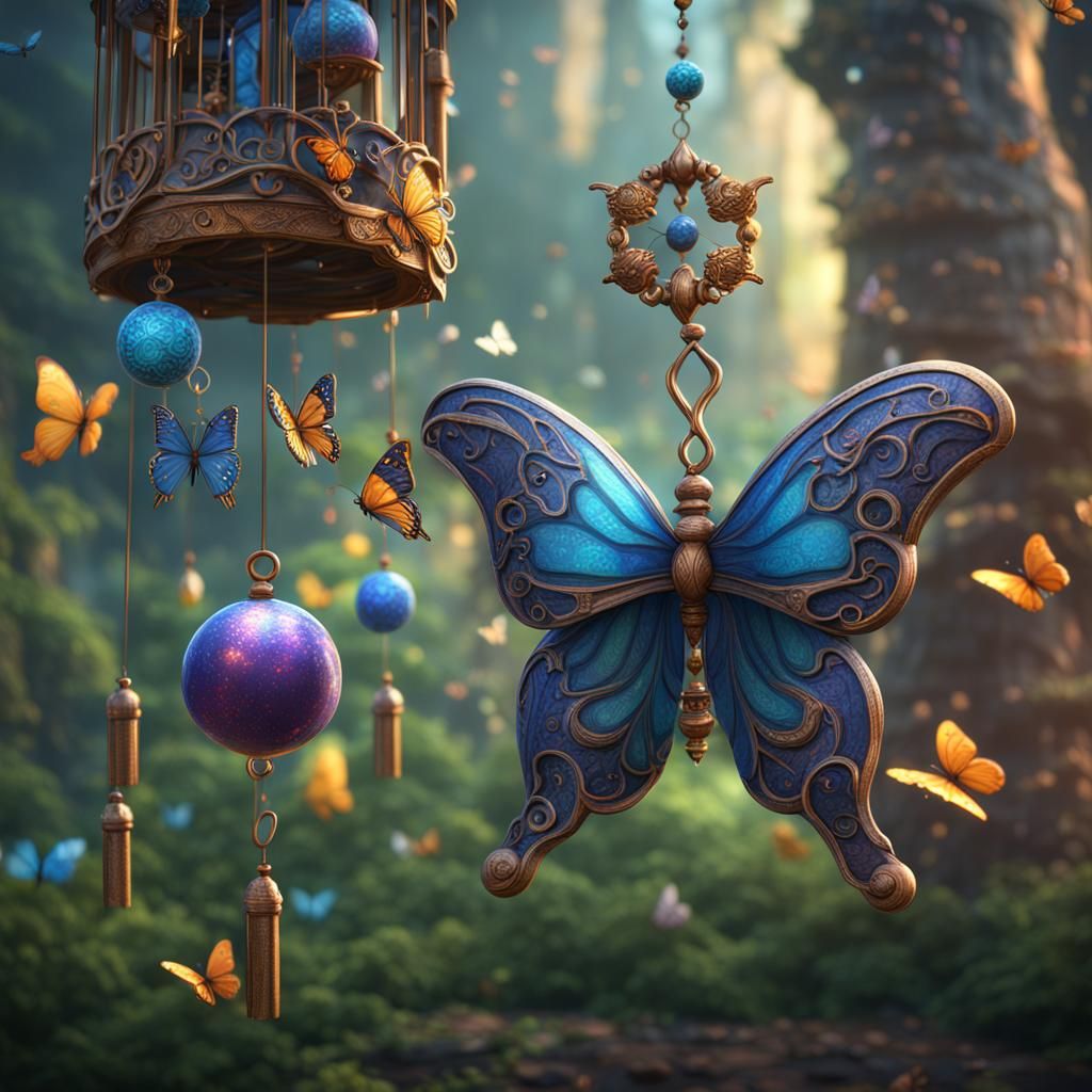 Fantastical Butterfly Wind Chimes in Detailed Digital Painti...