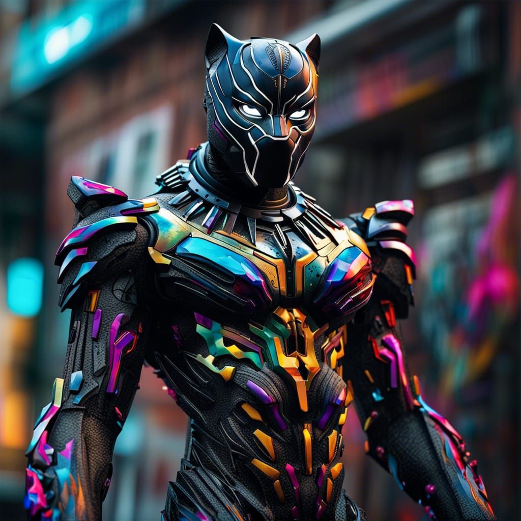 Robotic Black Panther with Cybernetic Wings in Graffiti Art