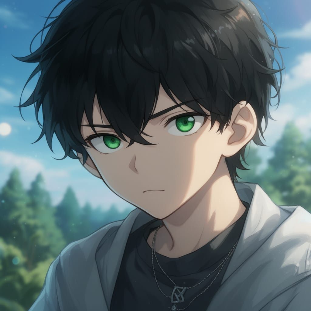 Anime Boy with Green Eyes and Black Hair