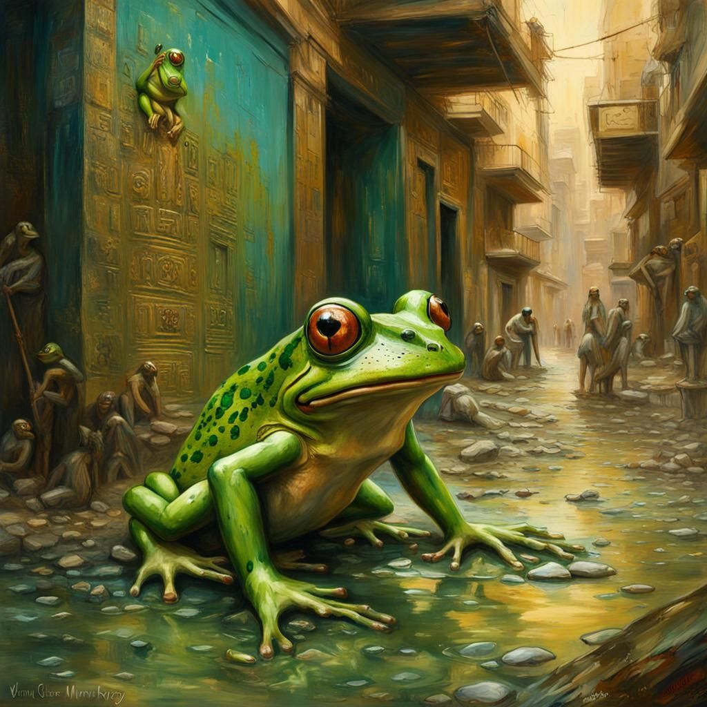 Egyptian Street Frog Invasion: Vivid Oil Painting