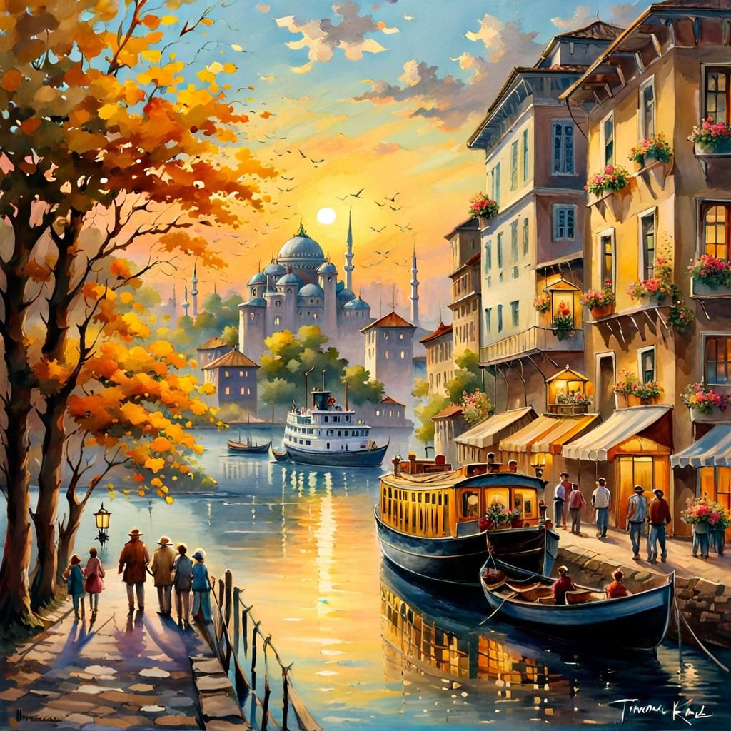 Istanbul Sunset: Watercolor Painting with Yellow Roses