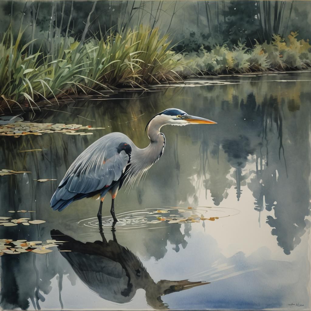 Heron Hunting at Dusk in Impressionist Gouache Style