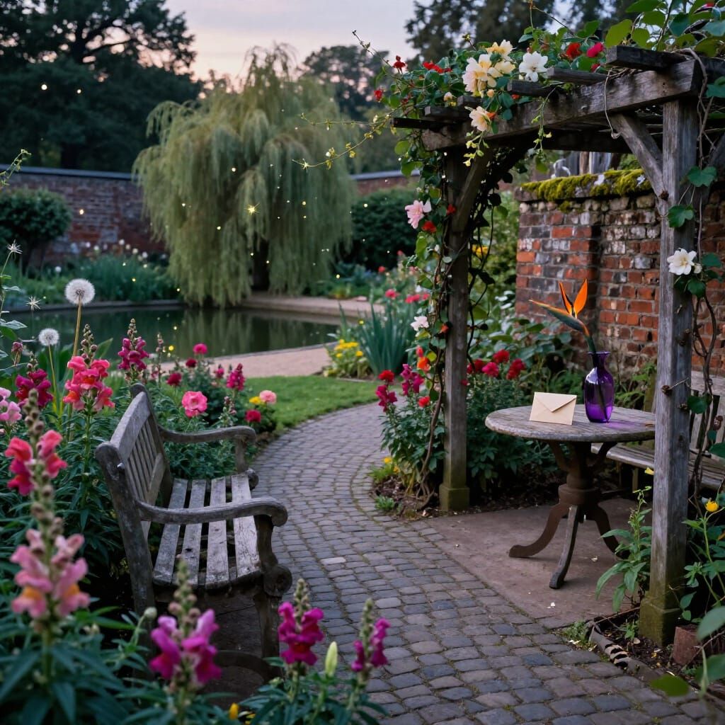 Hyperrealistic Garden at Dusk with Cobblestone Path and Snap...