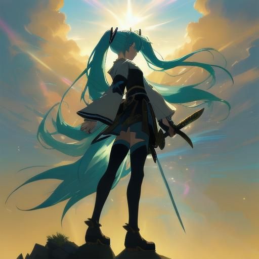 Hatsune Miku as Heroic Anime Warrior on Cliff