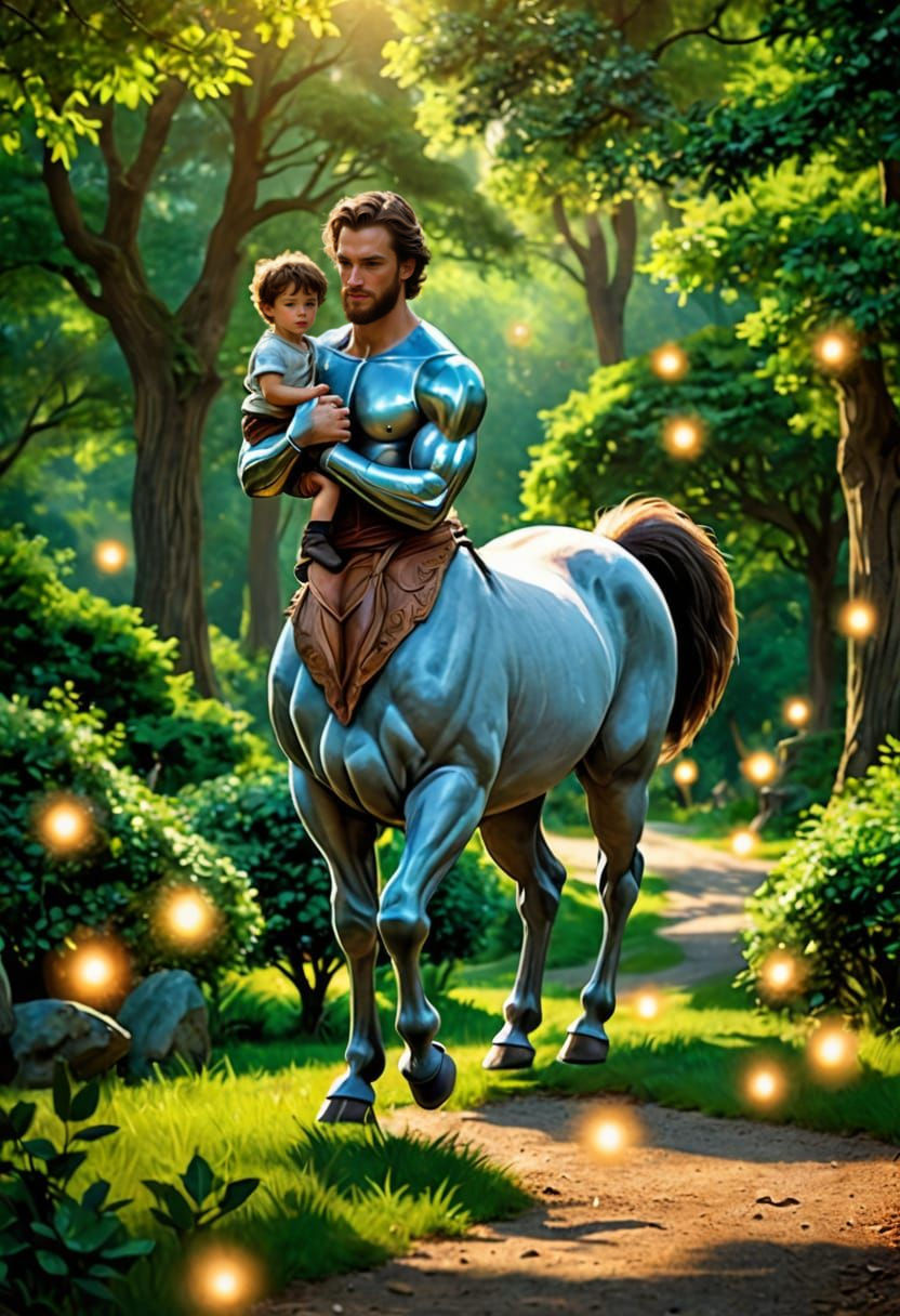 Photorealistic, surreal digital art. The centaur Oreius from "The Chronicles of Narnia" is escorting his son. His equine...