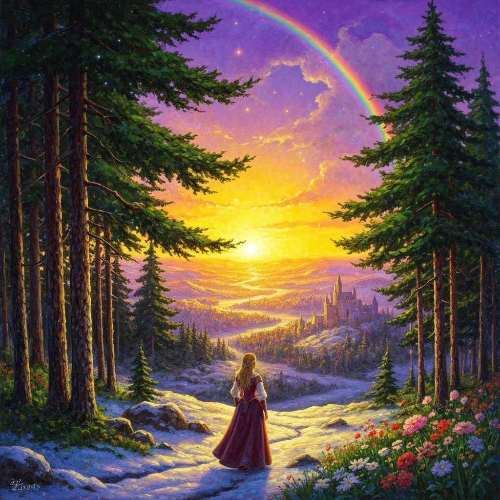 Medieval Girl in Enchanting Winter Landscape with Golden Sun...