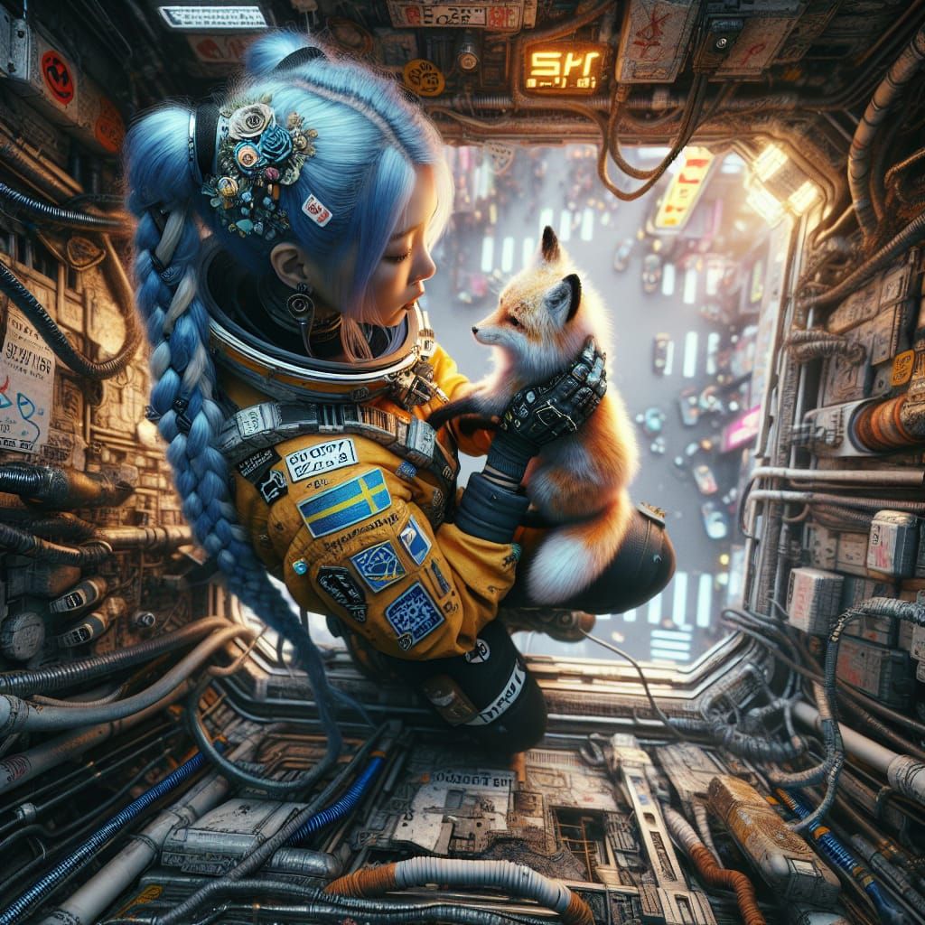 Cyberpunk Woman with Floating Fox in Spaceship