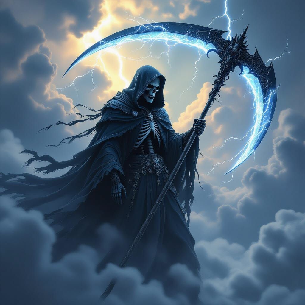 Electric Grim Reaper in Stormy Clouds, Dark Fantasy Style