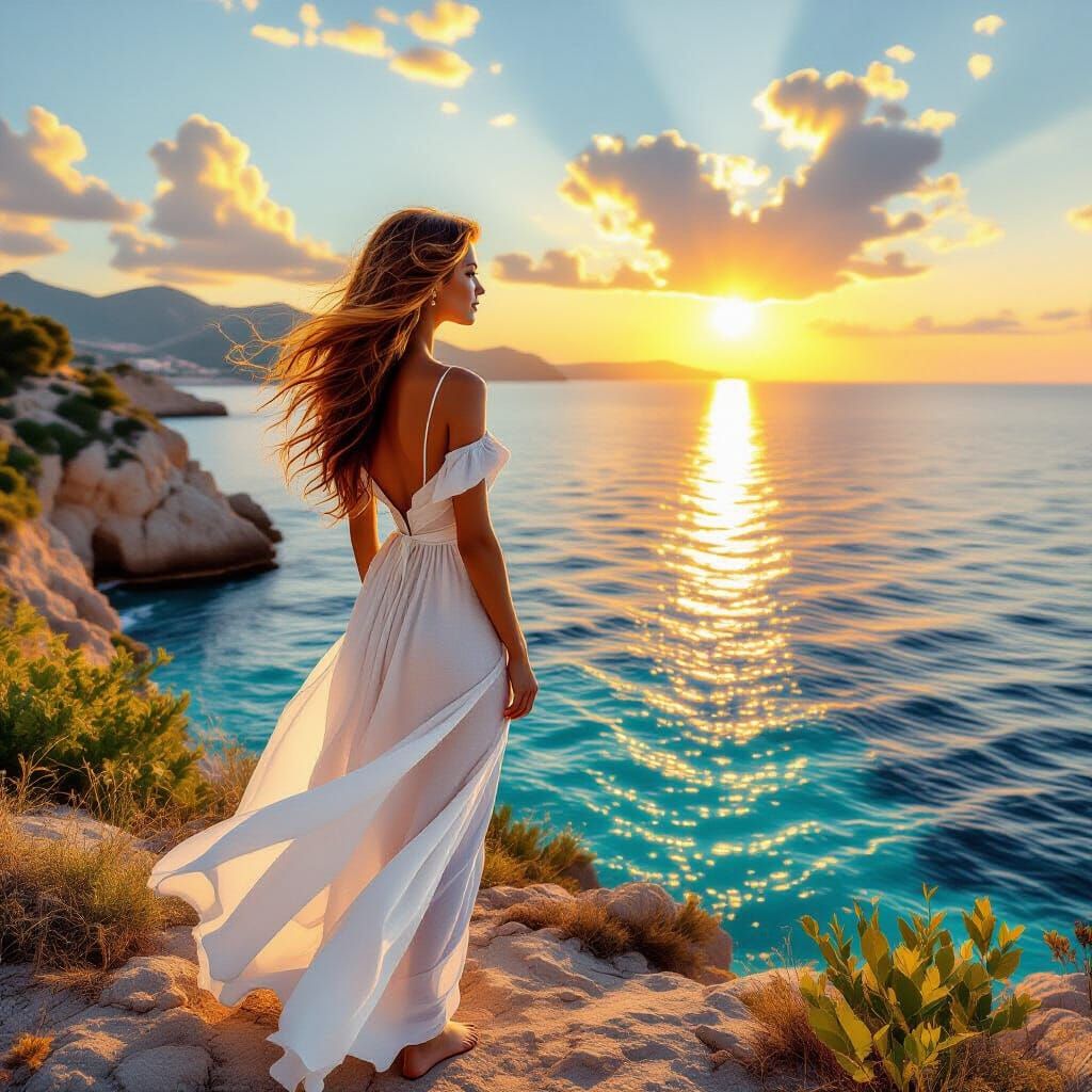 Woman in White Dress Overlooking Mediterranean Sunset