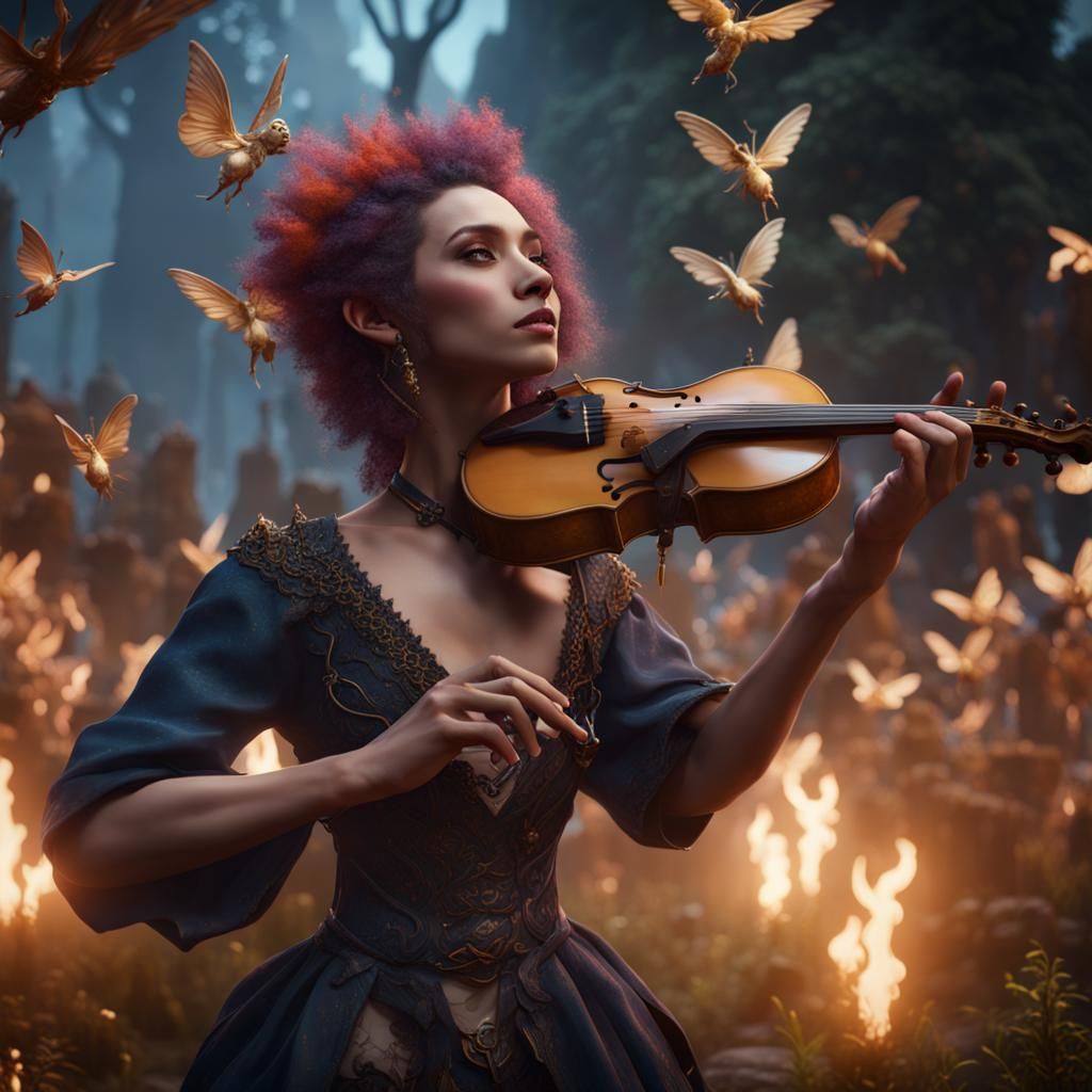 Glamour Bard Performs for Faeries in Detailed Fantasy Art