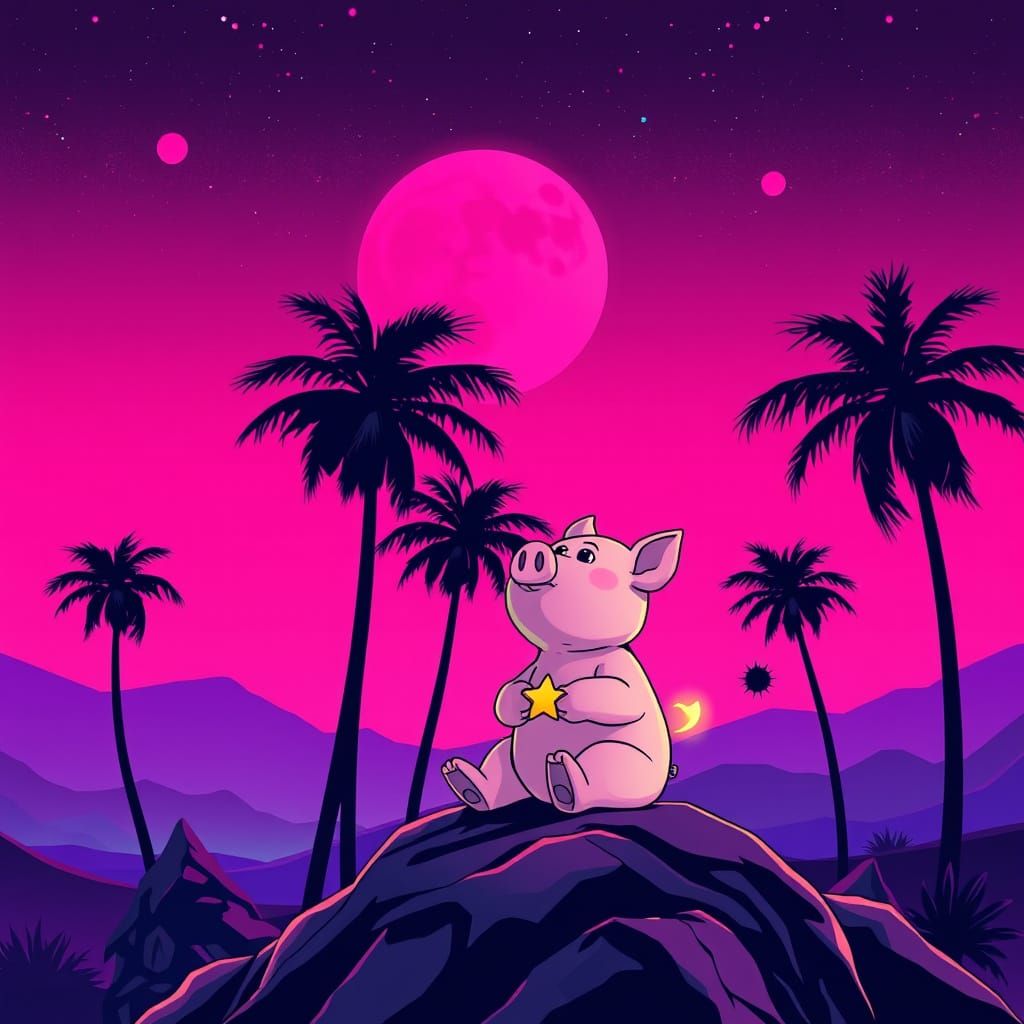 Vibrant Retrowave Landscape with Plush Pig Under Starry Skie...
