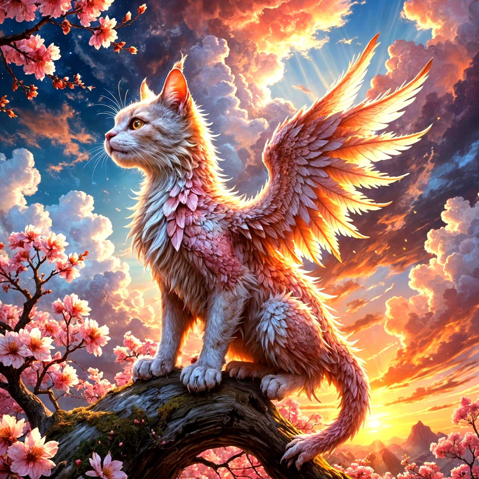 Flying Cat Dragon in Whimsical Cherry Blossom Cloudscape