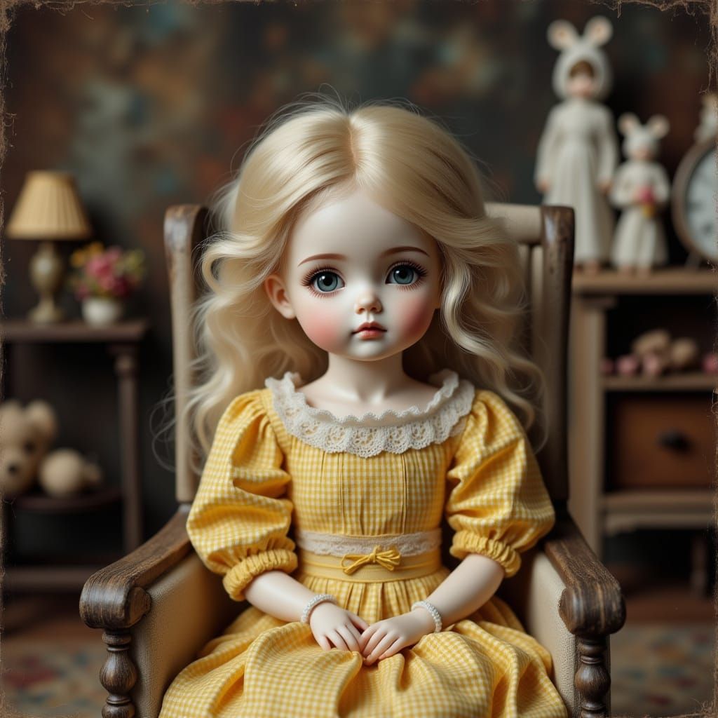 Antique Ball Jointed Doll in Yellow Gingham Dress