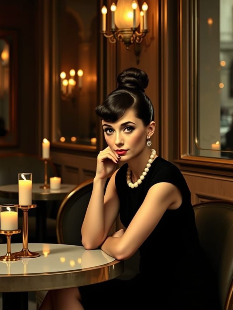 Elegant Audrey Hepburn in Parisian Café
