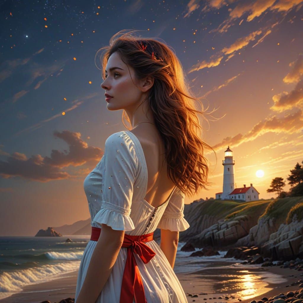 Woman in White Dress on Beach at Sunset