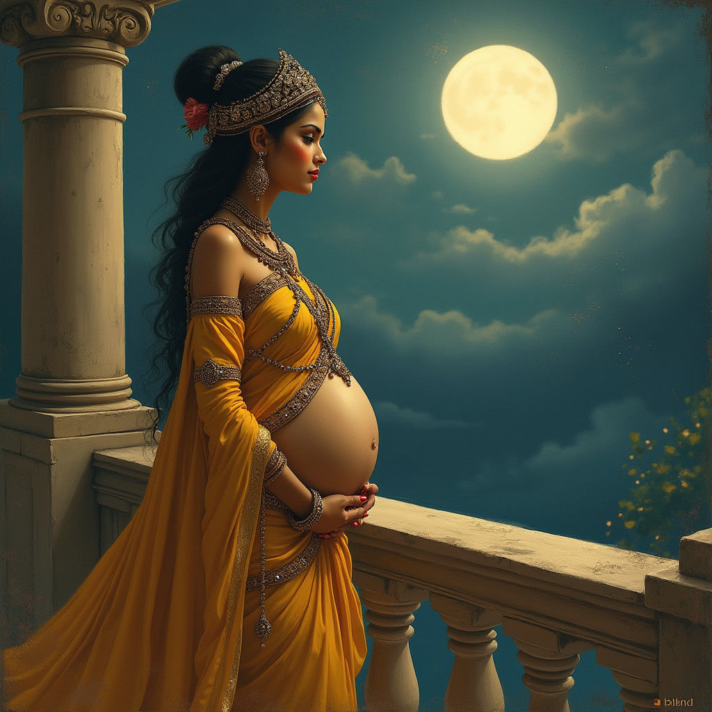 Contemplative Pregnant Queen in Indian Miniature Style